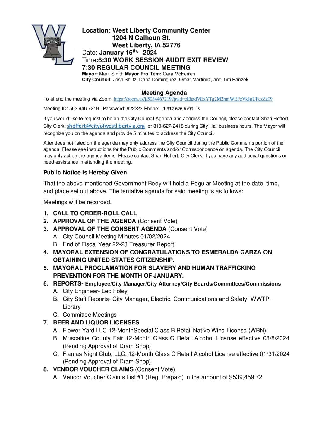 Meeting Agenda 01-16-2024 - City of West Liberty